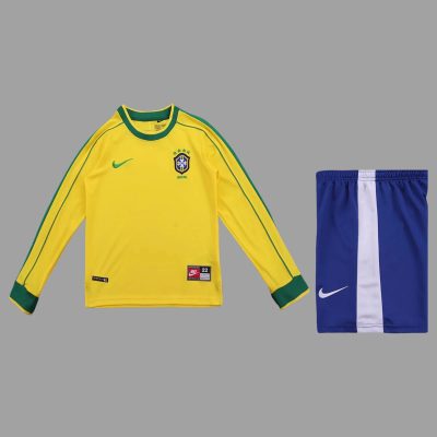 1998 Brazil Home Long Sleeve Kids Retro Soccer Jersey Size 16-28